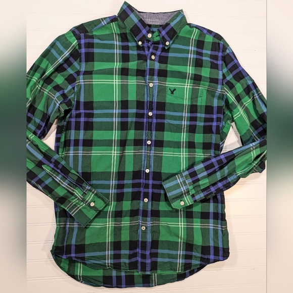 AEO Green/Navy Classic Fit Button Down Shirt Large TALL - Picture 1 of 4